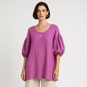 Brynn Walker Linen Tunic Lilac Oversized Puff Sleeve Lagenlook Coastal Top M